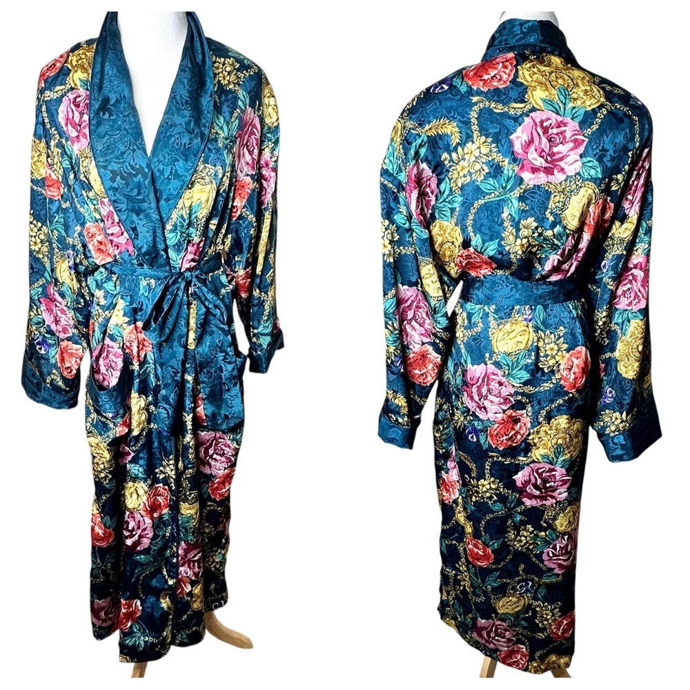 Vintage Victorias Secret Gold Label Robe Long Teal Floral Jacquard Satin